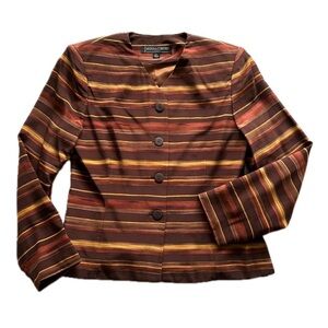 New Kasper ASL Silk Brown Striped Blazer Collarless Petite 4P Midi Skirt Set 6P